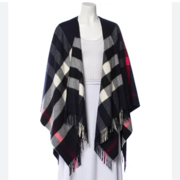 Burberry Check Cashmere and Wool Fringed Cape Poncho Wrap Shawl